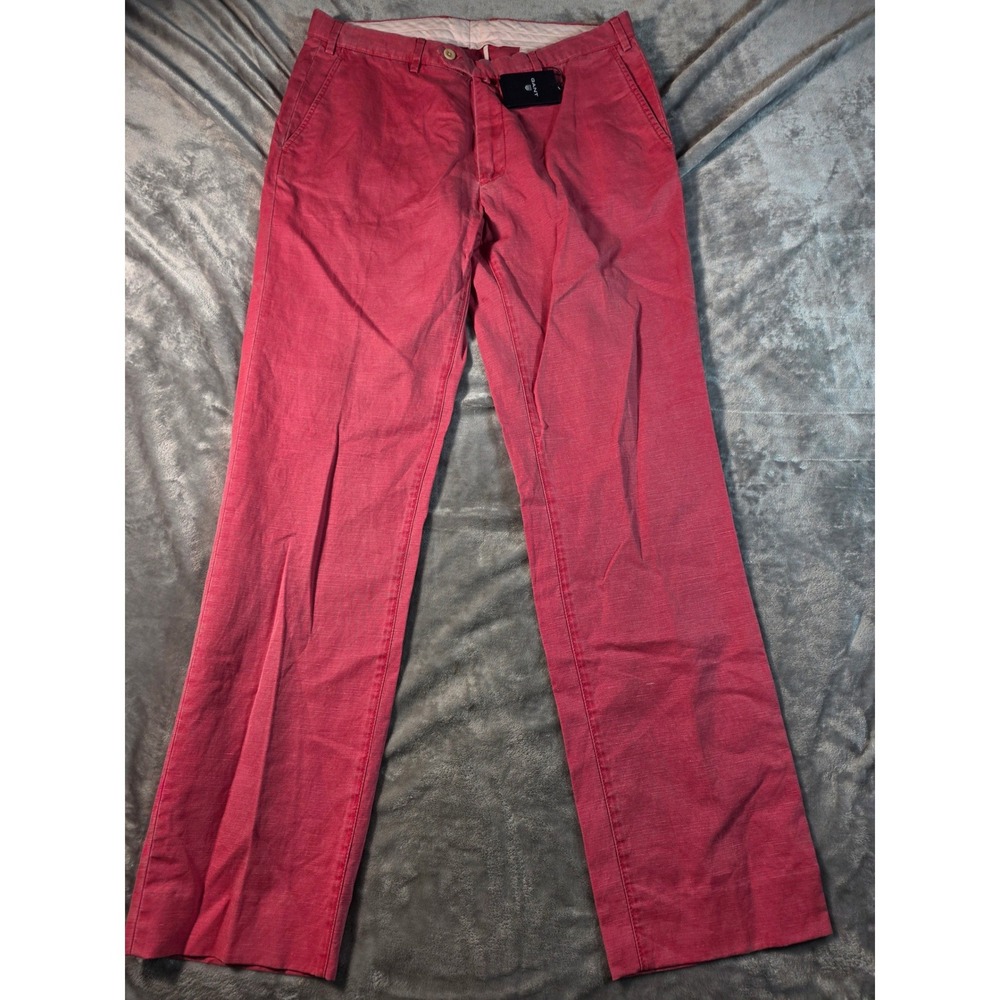GANT Chinos Mens 36x33 Regular Fit Cotton Linen Blend Trousers Washed Out Red